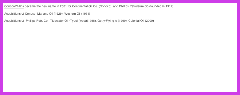 ConocoPhilips became the new name in 2001 for Continental Oil Co. (Conoco)  and Phillips Petroleum Co.(founded in 1917)
Acquisitions of Conoco: Marland Oil (1929), Western Oil (1951)
Acquisitions of  Phillips Petr. Co.: Tidewater Oil -Tydol (west)(1966), Getty-Flying A (1969), Colonial Oil (2000)
