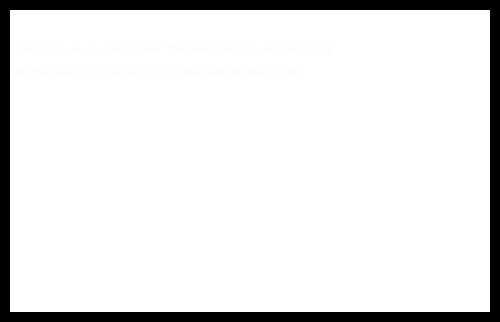 
Sun Oil Co. was founded in 1886. The name Sunoco is used since 1928
Mergers Sun Oil Co.: Sunray DX oil (1968), Atlantic (East) (1988)